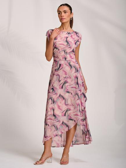 Jolie Moi Abstract Draped Mesh Maxi Dress, Pink, Pink