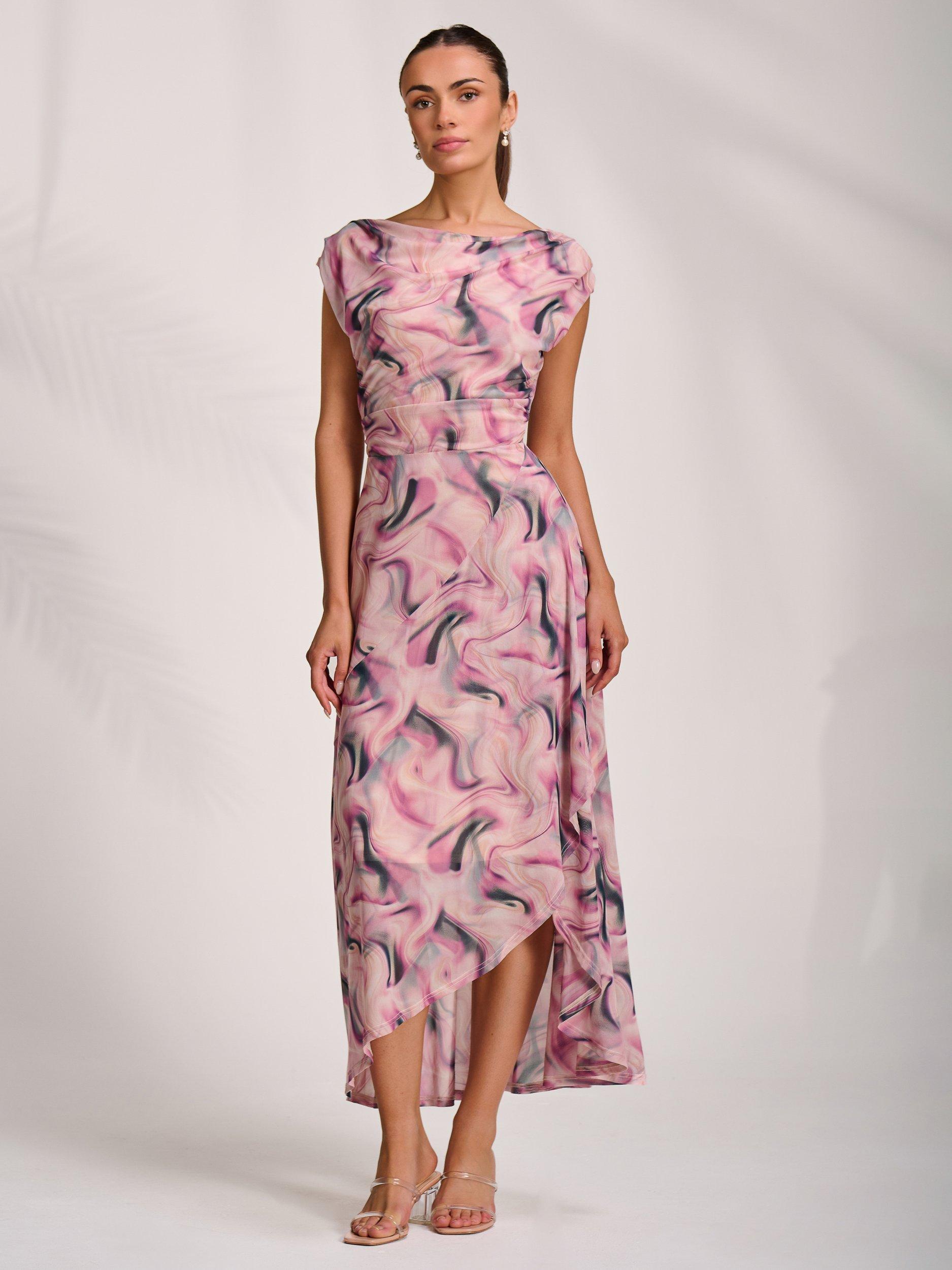 Product image 5 of 7, which shows Jolie Moi Abstract Draped Mesh Maxi Dress, Pink, 8