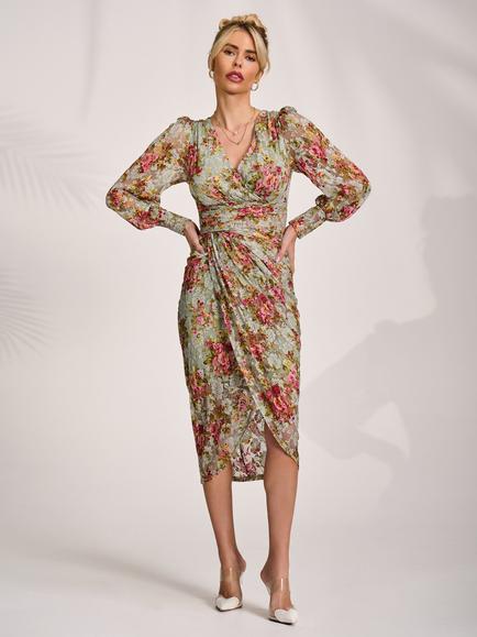 Jolie Moi Floral Lace Ruched Bodycon Dress, Green, Green