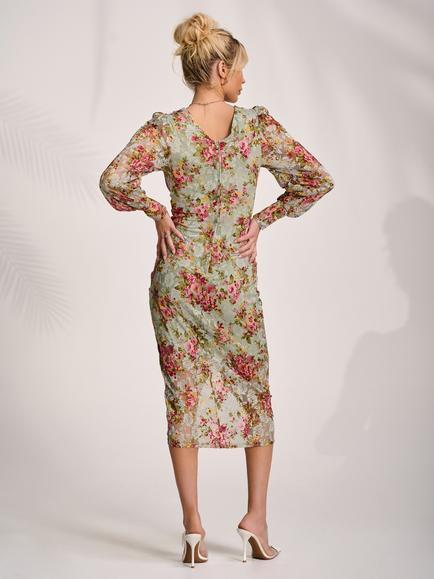 Jolie Moi Floral Lace Ruched Bodycon Dress, Green - view 2, Green