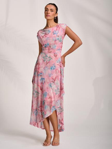 Jolie Moi Floral Draped Mesh Maxi Dress, Pink, Pink