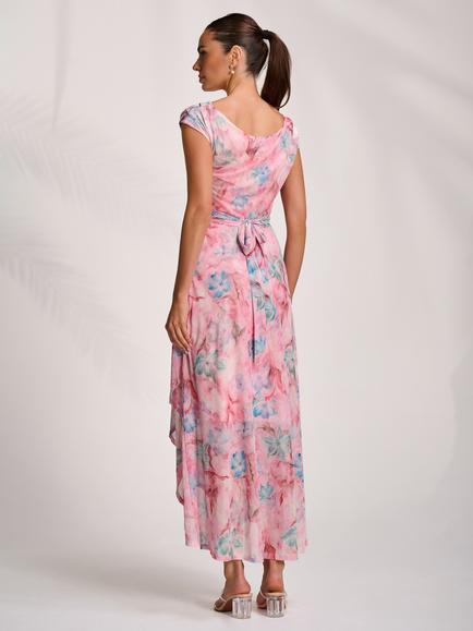 Jolie Moi Floral Draped Mesh Maxi Dress, Pink - view 2, Pink