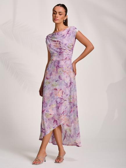 Jolie Moi Floral Draped Mesh Maxi Dress, Purple, Purple
