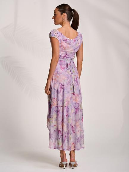 Jolie Moi Floral Draped Mesh Maxi Dress, Purple - view 2, Purple