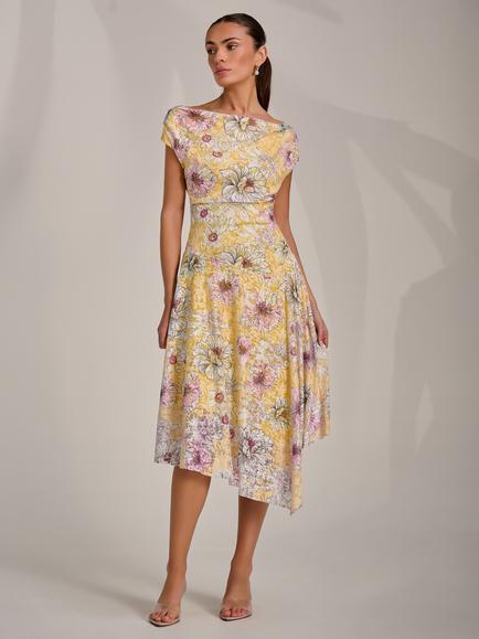 Jolie Moi Floral Lace Draped Dress, Yellow, Yellow