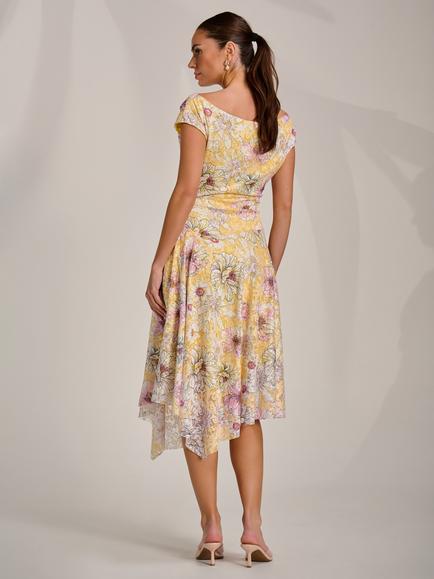 Jolie Moi Floral Lace Draped Dress, Yellow - view 2, Yellow