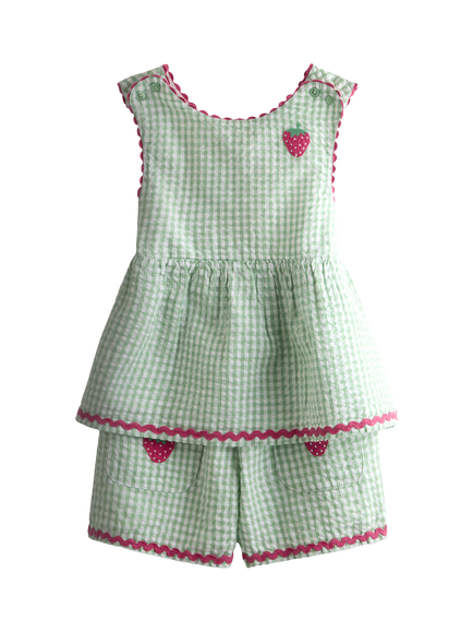 JoJo Maman Bébé Kids' Gingham Strawberry Applique Cross Back Top & Short Set, Light Green