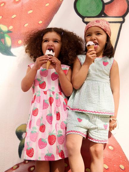 JoJo Maman Bébé Kids' Gingham Strawberry Applique Cross Back Top & Short Set - view 2, Light Green