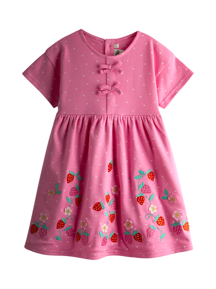 JoJo Maman Bébé Kids' Strawberry Appliqué Bow Dress, Mid Pink, Mid Pink