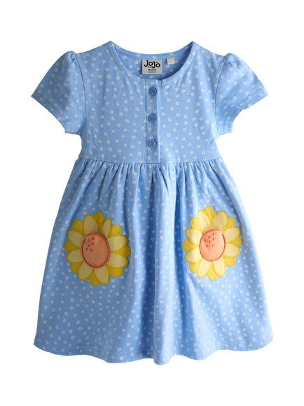JoJo Maman Bébé Kids' Button Front Sunflower Applique Dress, Light Blue, Light Blue