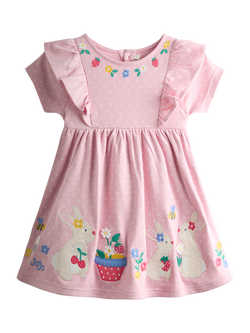 JoJo Maman Bébé Kids' Bunny Appliqué Frill Shoulder Dress, Rose Pink, Rose Pink