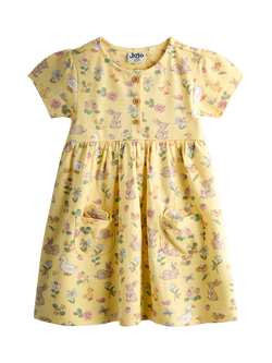 JoJo Maman Bébé Kids' Bunny Print Button Down Dress, Light Yellow, Light Yellow