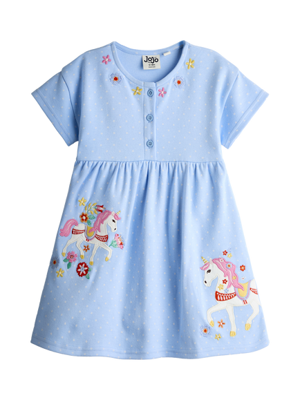 JoJo Maman Bébé Kids' Unicorn Appliqué Button Front Dress, Cobalt, Cobalt