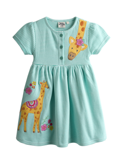 JoJo Maman Bébé Kids' Button Front Giraffe Applique Dress, Lighthouse, Lighthouse