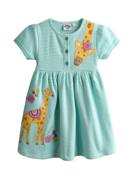 JoJo Maman Bébé Kids' Button Front Giraffe Applique Dress, Lighthouse, Lighthouse