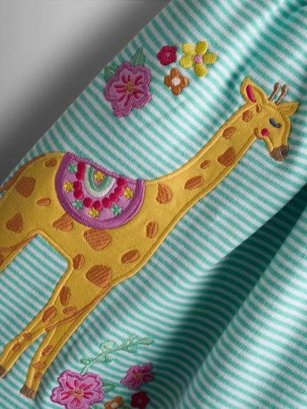 JoJo Maman Bébé Kids' Button Front Giraffe Applique Dress, Lighthouse - view 2, Lighthouse