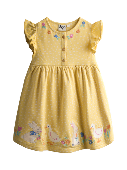JoJo Maman Bébé Kids' Appliqué Button Front Dress, Mid Yellow, Mid Yellow