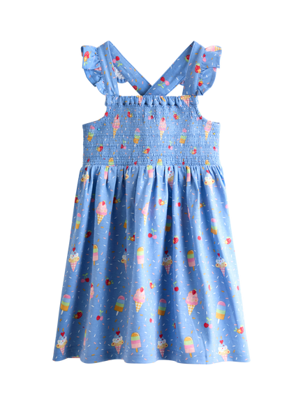 JoJo Maman Bébé Kids' Frill Sleeve Ice Cream Print Dress, Cobalt Blue, Cobalt Blue