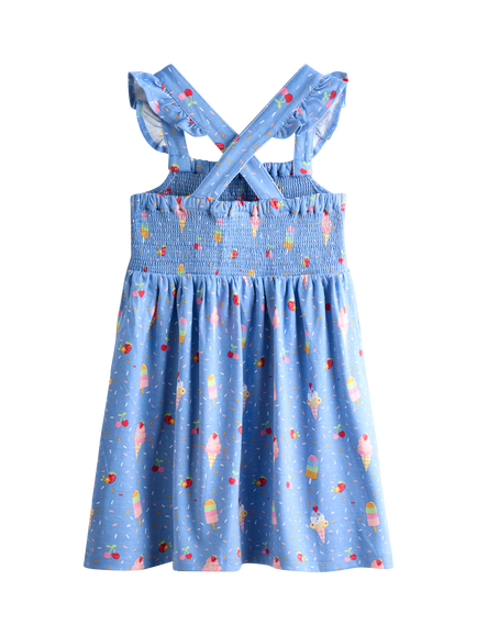 JoJo Maman Bébé Kids' Frill Sleeve Ice Cream Print Dress, Cobalt Blue - view 2, Cobalt Blue