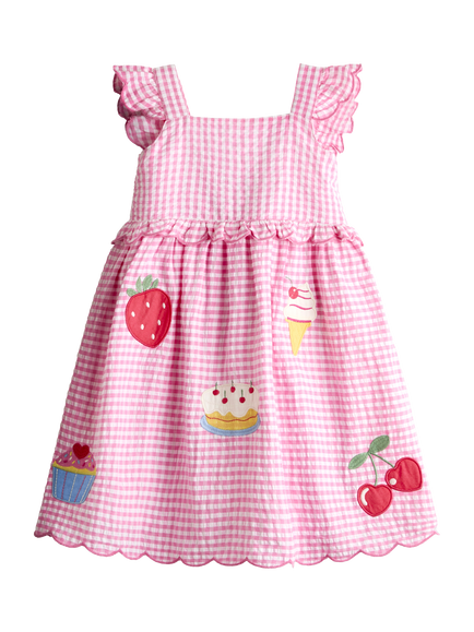 JoJo Maman Bébé Kids' Picnic Applique Gingham Cross Back Dress, Mid Pink, Mid Pink