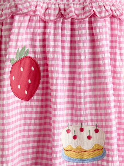 JoJo Maman Bébé Kids' Picnic Applique Gingham Cross Back Dress, Mid Pink - view 2, Mid Pink