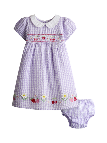 JoJo Maman Bébé Kids' Seersucker Embroidered Hem Smock Dress, Lilac, Lilac