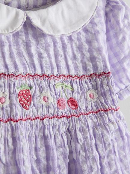 JoJo Maman Bébé Kids' Seersucker Embroidered Hem Smock Dress, Lilac - view 2, Lilac