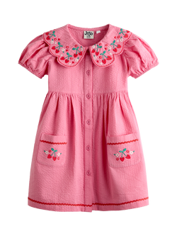 JoJo Maman Bébé Kids' Embroidered Puff Sleeve Seersucker Dress, Bright Pink, Bright Pink