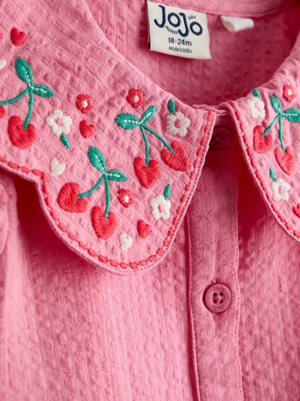 JoJo Maman Bébé Kids' Embroidered Puff Sleeve Seersucker Dress, Bright Pink - view 2, Bright Pink