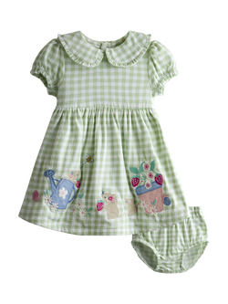 JoJo Maman Bébé Baby Gingham Appliqué Frill Collar Dress & Bloomers Set, Lighthouse, Lighthouse
