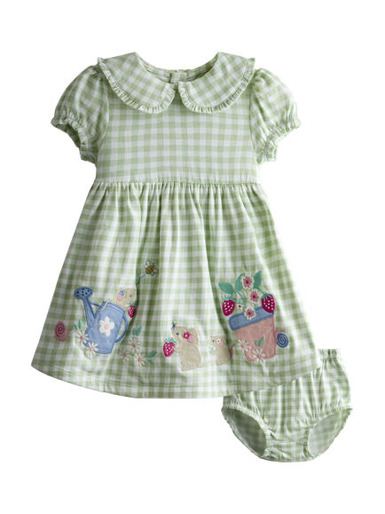 JoJo Maman Bébé Baby Gingham Appliqué Frill Collar Dress & Bloomers Set, Lighthouse, Lighthouse