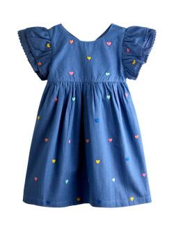 JoJo Maman Bébé Kids' Embroidered Heart Frill Sleeve Dress, Chambray Blue, Chambray Blue