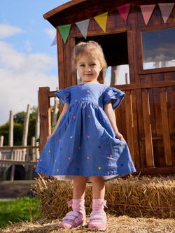JoJo Maman Bébé Kids' Embroidered Heart Frill Sleeve Dress, Chambray Blue - view 2, Chambray Blue