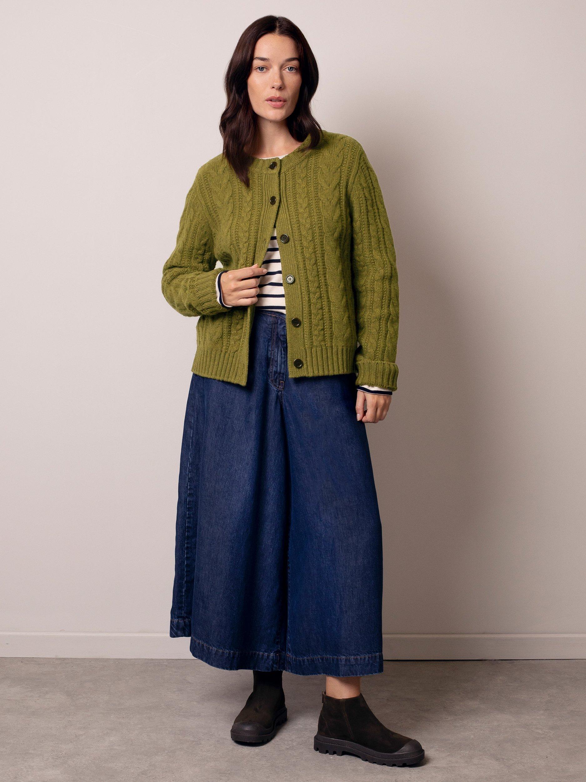 Product image 1 of 9, which shows Celtic & Co. Cable Knit Pure Wool Cardigan, Moss, XS