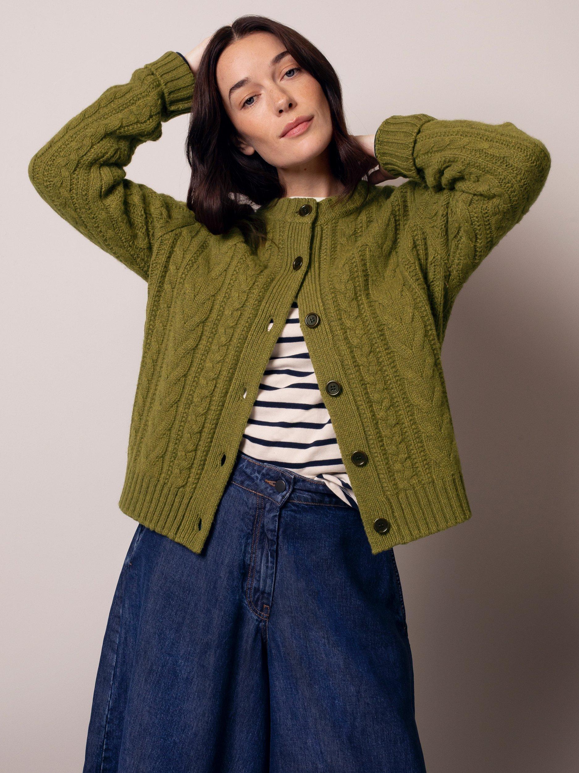 Product image 2 of 9, which shows Celtic & Co. Cable Knit Pure Wool Cardigan, Moss, XS