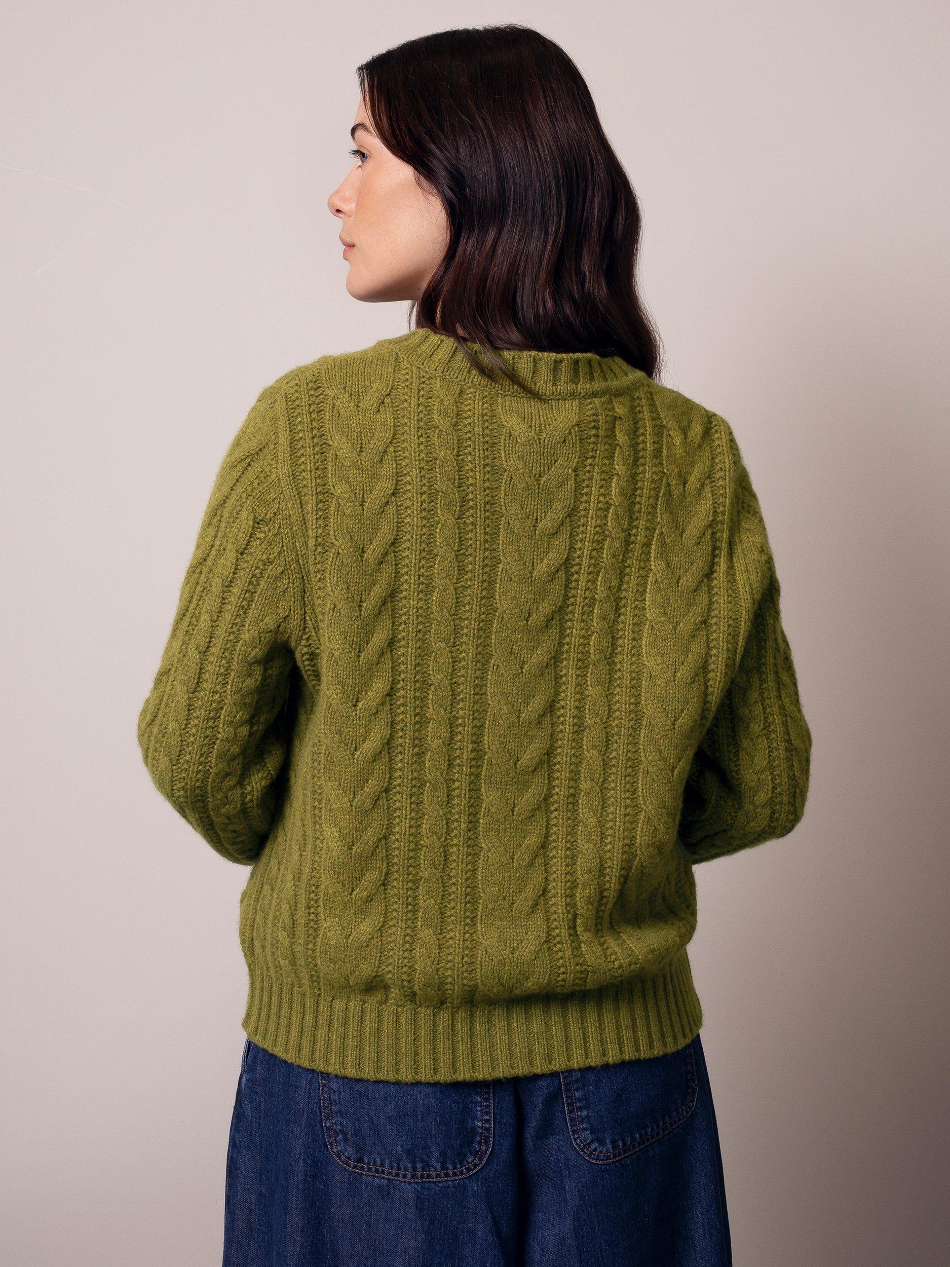 Product image 3 of 9, which shows Celtic & Co. Cable Knit Pure Wool Cardigan, Moss, XS