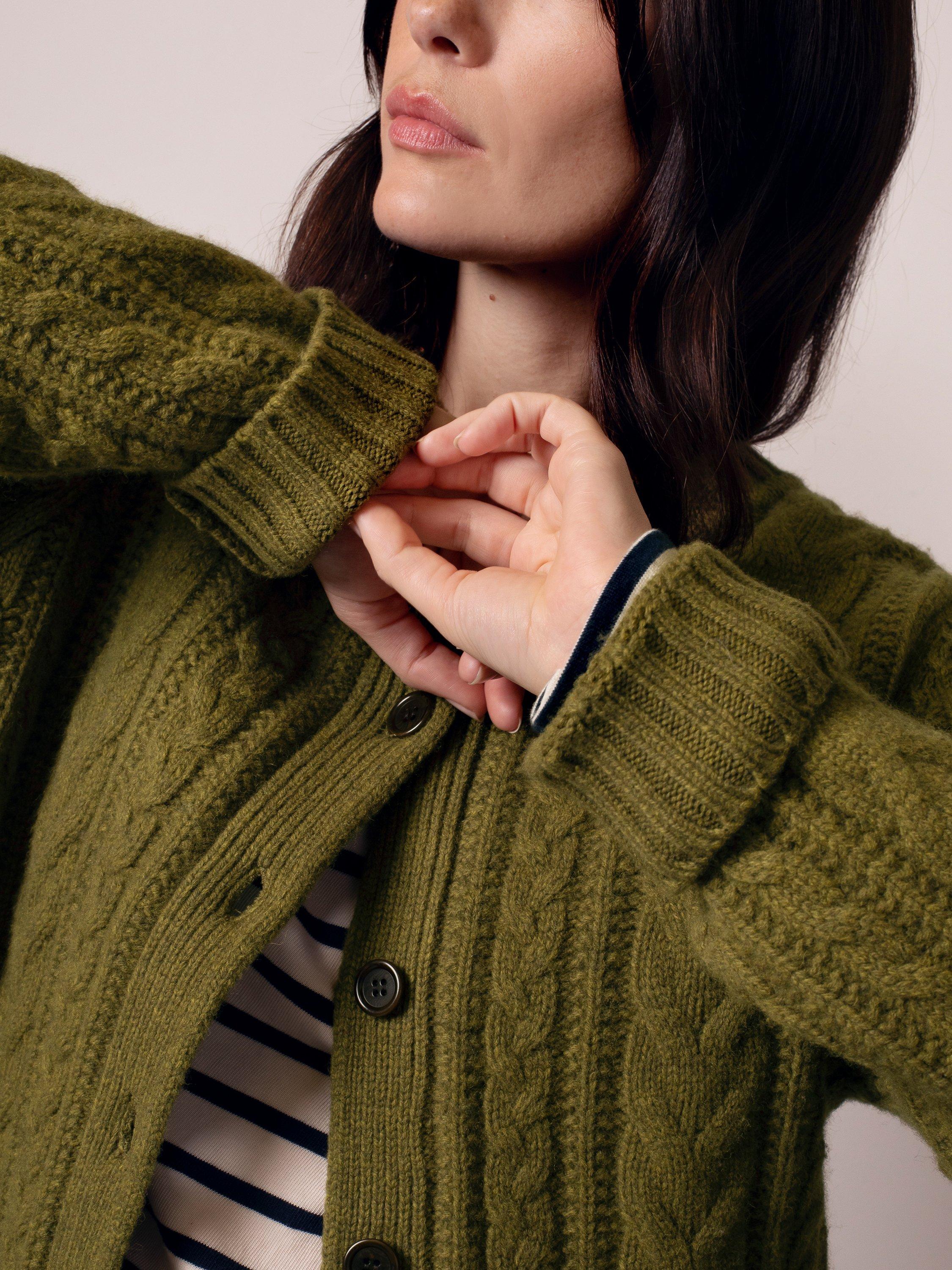 Product image 4 of 9, which shows Celtic & Co. Cable Knit Pure Wool Cardigan, Moss, XS