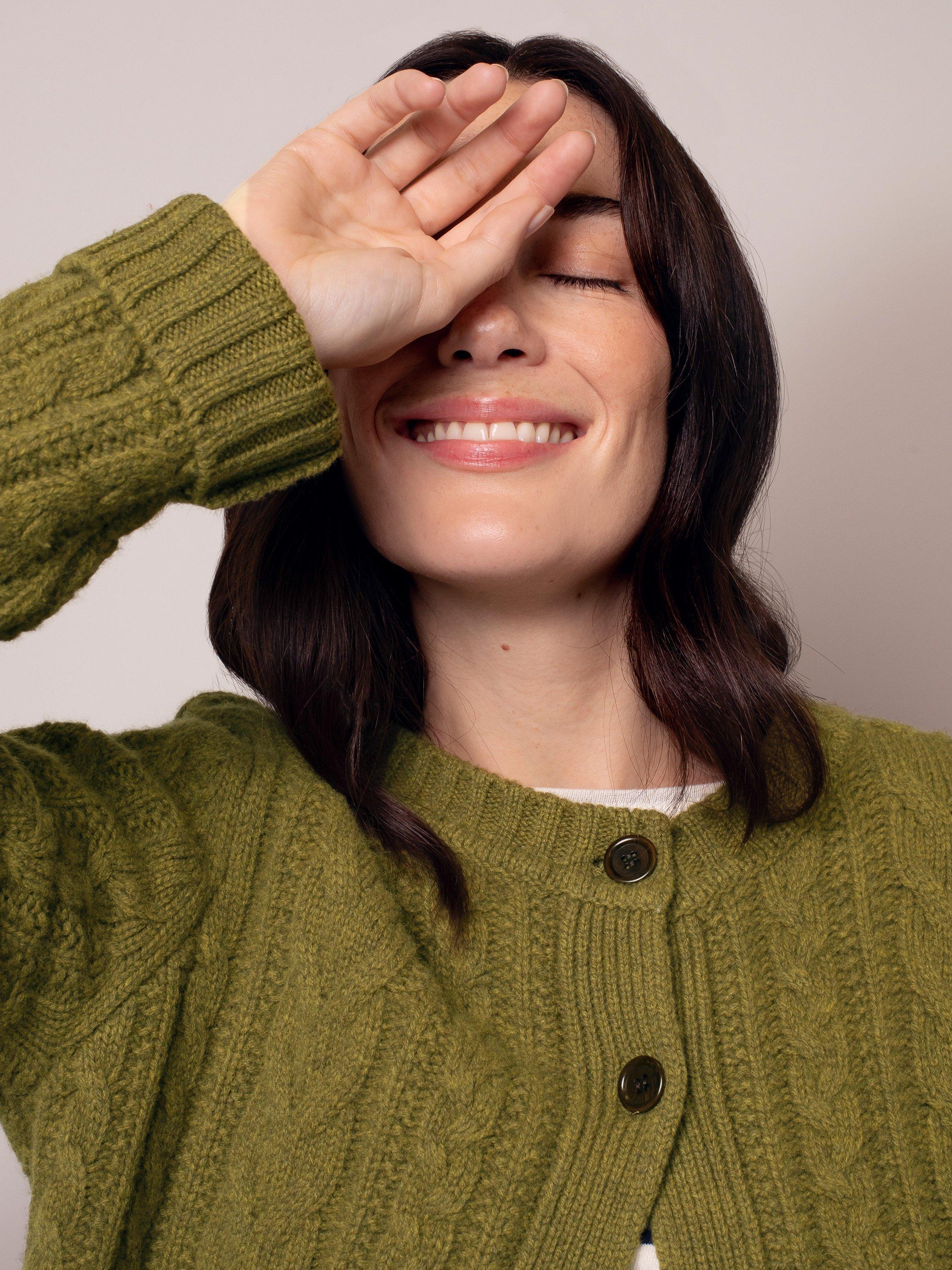 Product image 5 of 9, which shows Celtic & Co. Cable Knit Pure Wool Cardigan, Moss, XS