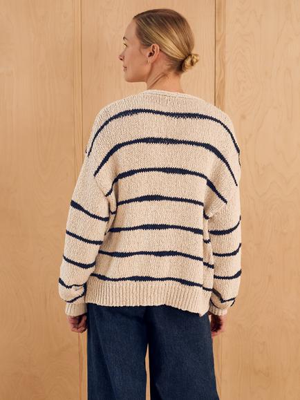 Celtic & Co. Open Neck Drop Stitch Stripe Cardigan - view 2, Ecru/Navy