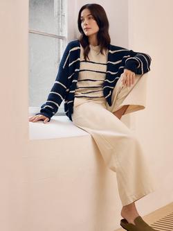 Celtic & Co. Open Neck Drop Stitch Stripe Cardigan - view 2, Navy/Ecru