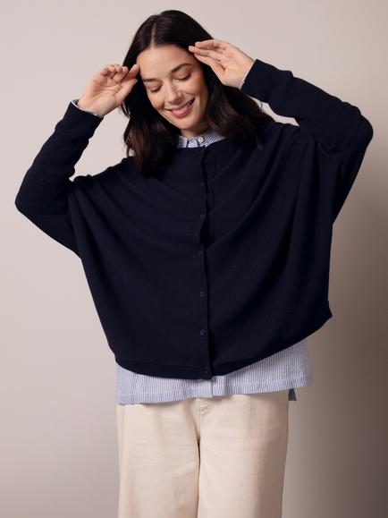 Celtic & Co. Crew Neck Boxy Pure Wool Cardigan, Navy - view 2, Navy