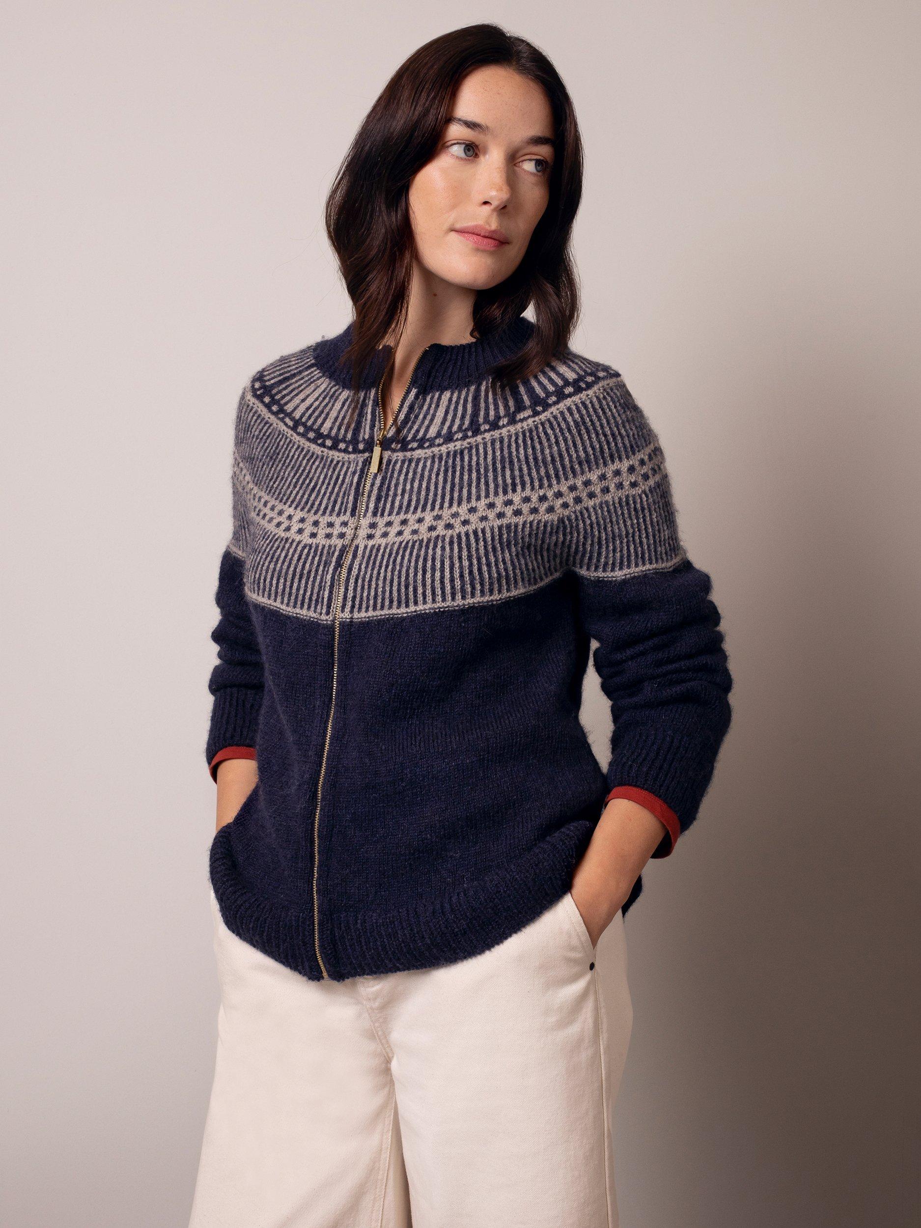 Product image 1 of 3, which shows Celtic & Co. Yoke Stitch Pure Wool Cardigan, Navy/Multi, XS