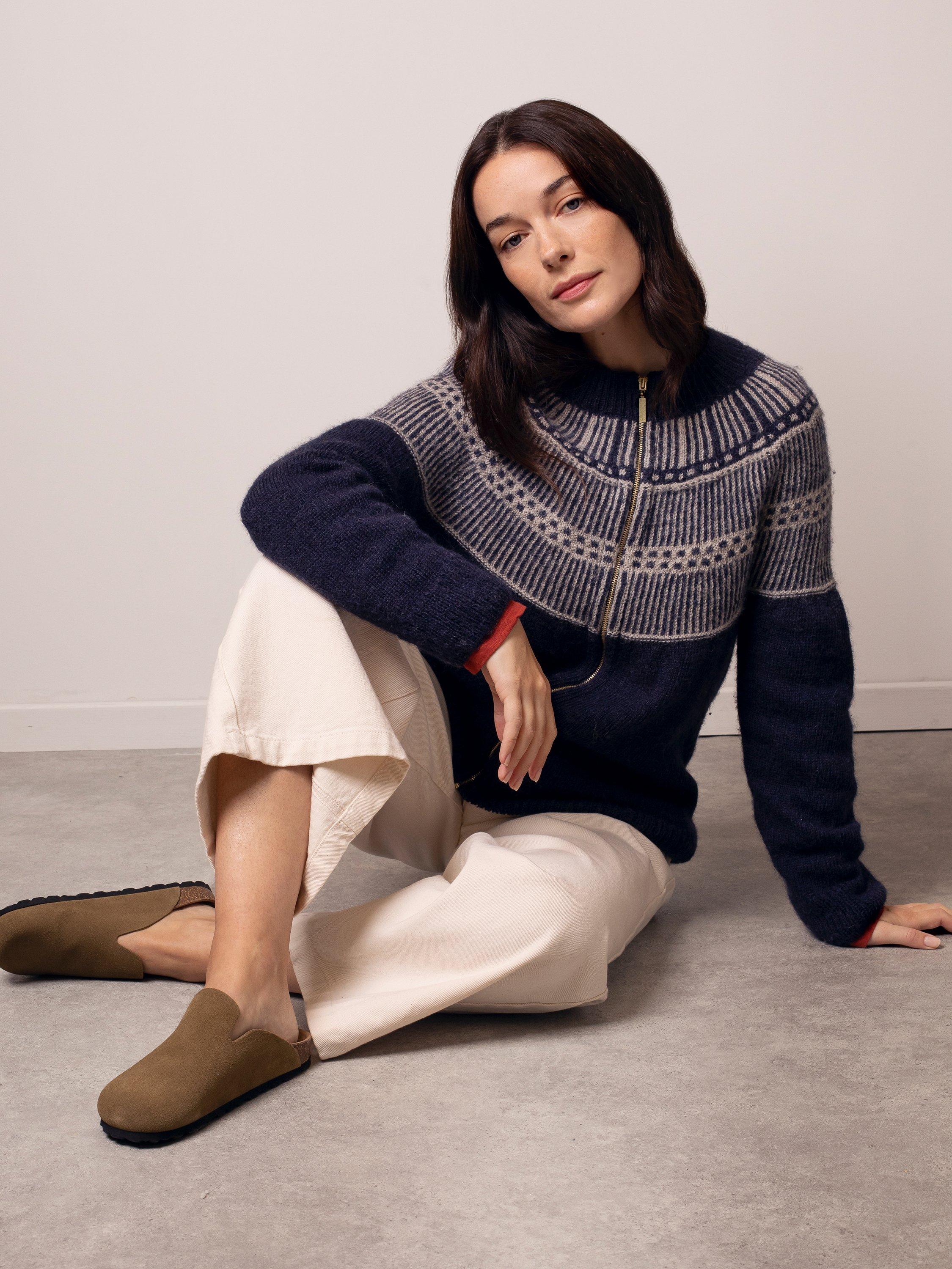 Product image 2 of 3, which shows Celtic & Co. Yoke Stitch Pure Wool Cardigan, Navy/Multi, XS