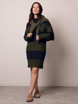 Celtic & Co. Stripe Funnel Neck Pure Wool Jumper Dress, Olive/Navy, Olive/Navy
