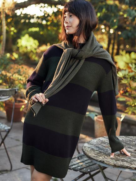 Celtic & Co. Stripe Funnel Neck Pure Wool Jumper Dress, Olive/Navy - view 2, Olive/Navy