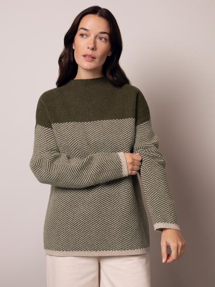 Celtic & Co. Felted Funnel Neck Pure Wool Jumper, Green/White, Green/White