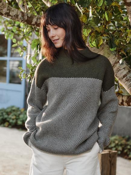 Celtic & Co. Felted Funnel Neck Pure Wool Jumper, Green/White - view 2, Green/White