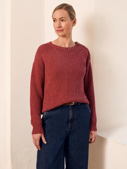 Celtic & Co. Crew Neck Button Shoulder Jumper, Clay, Clay