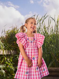 JoJo Maman Bébé Kids' Frill Square Neck Gingham Dress, Bright Pink - view 2, Bright Pink