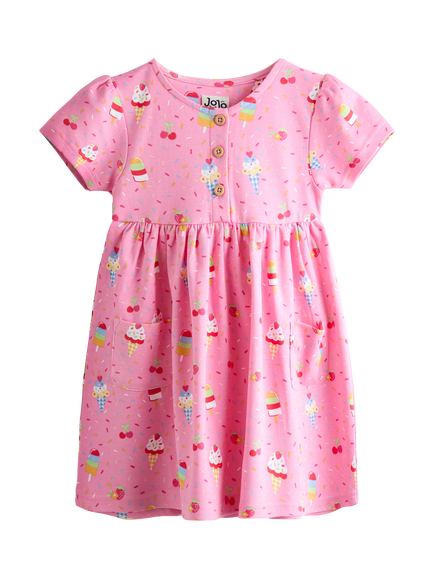 JoJo Maman Bébé Kids' Button Down Ice Cream Pet in Pocket Dress, Bright Pink, Bright Pink